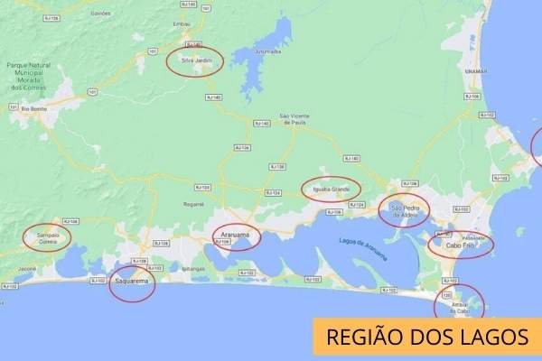 Mapa da região dos Lagos no Rio de Janeiro.