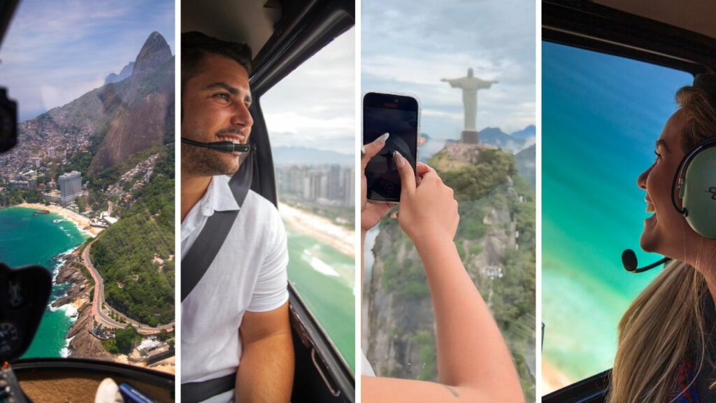 Pessoas dentro do helicóptero fazendo o voo panorâmico no Rio de Janeiro.